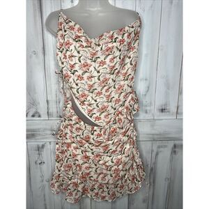 SABO PINK FLORAL DRAPE NECK SLEEVELESS OPEN FRONT RUCHED FAUX WRAP SKIRT DRESS L